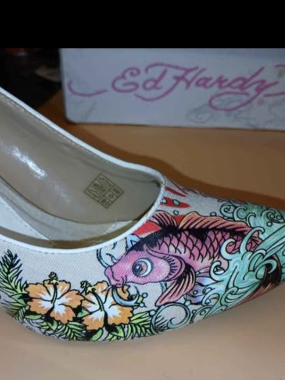Ed Hardy White Canvas Koi & Floral Printed Pump